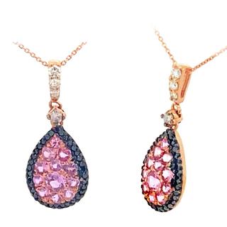 Rose gold pendant with pink sapphire and champagne and black diamonds